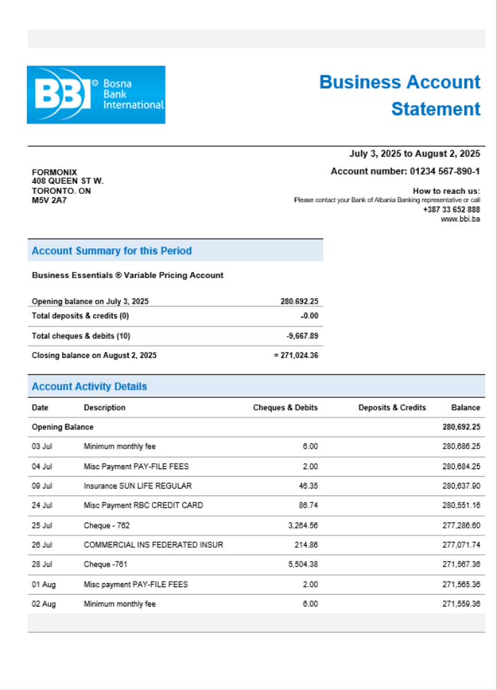 Relevé de compte ferme de la Bosna Bank Format Word et PDF